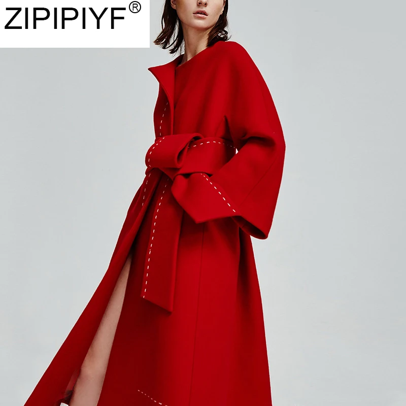 Женское длинное шерстяное пальто с круглым вырезом и длинным рукавом|Женские