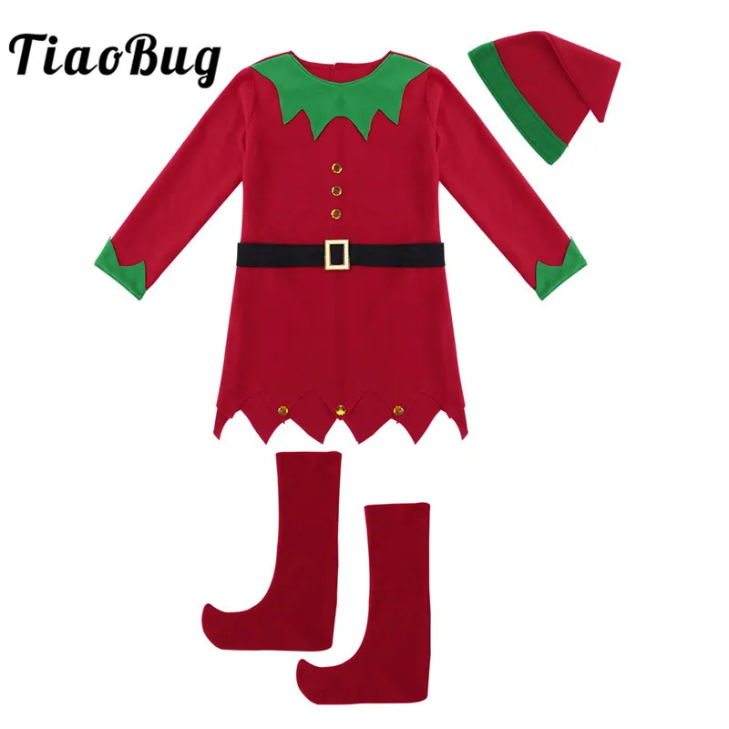 

TiaoBug Women Christmas Costume Long Sleeve Dress with Hat Belt Shoes Set Adult Female Elf Costume Xmas Cosplay Party Dress Up