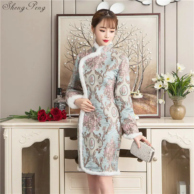 Qipao платье в китайском стиле сексуальное тонкое дамское с меховым воротником зимняя одежда осень зима жаккард Дамская мода V1330 - Цвет: 1
