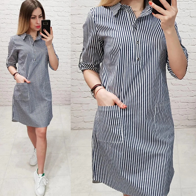 2019 женское повседневное Полосатое прямое платье с карманами офисное на