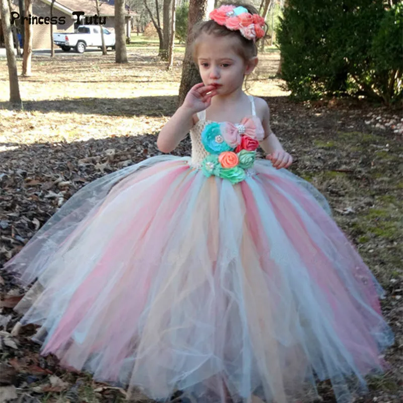 

Flower Girl Tutu Dress Children Birthday Party Wedding Princess Dress Kids Ankle Length Rainbow Boutique Girls Ball Gown Dresses