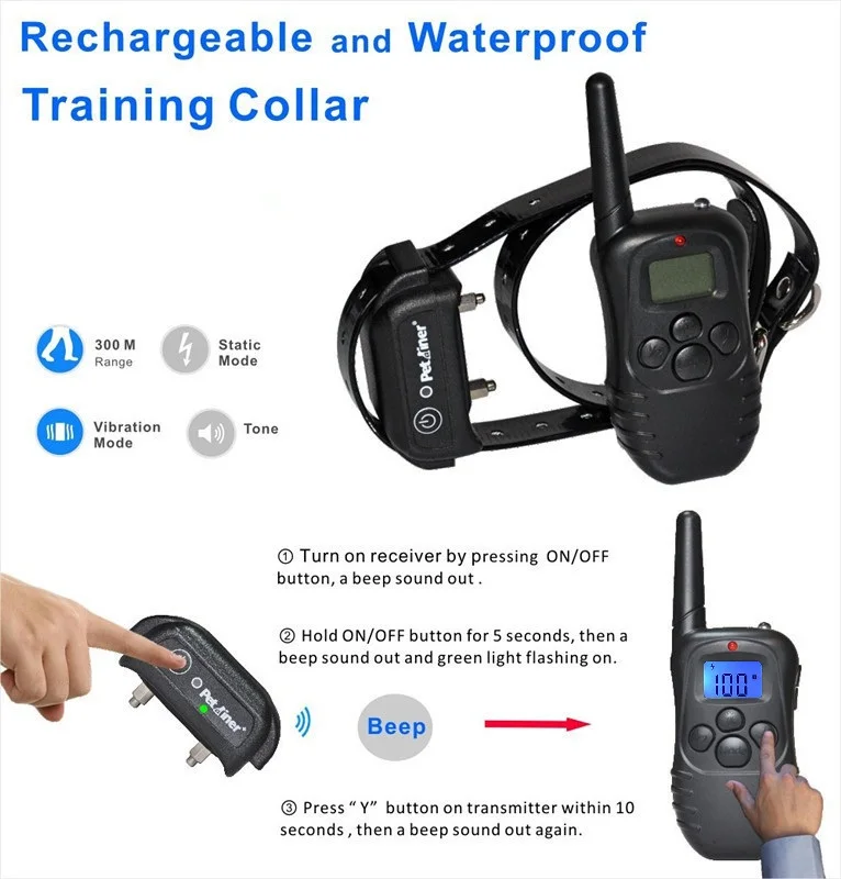 Petourer PET998DB перезаряжаемый водонепроницаемый пульт дистанционного обучения для собак/Тренировочный ошейник/ударный ошейник с диапазоном 300 м