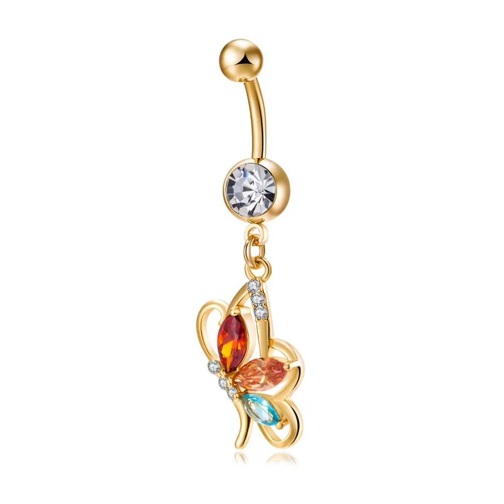 Cute butterfly Zircon chain gold color Navel Piercing Rings Belly Button Rings Surgical Steel Rhinestone Body Jewelry