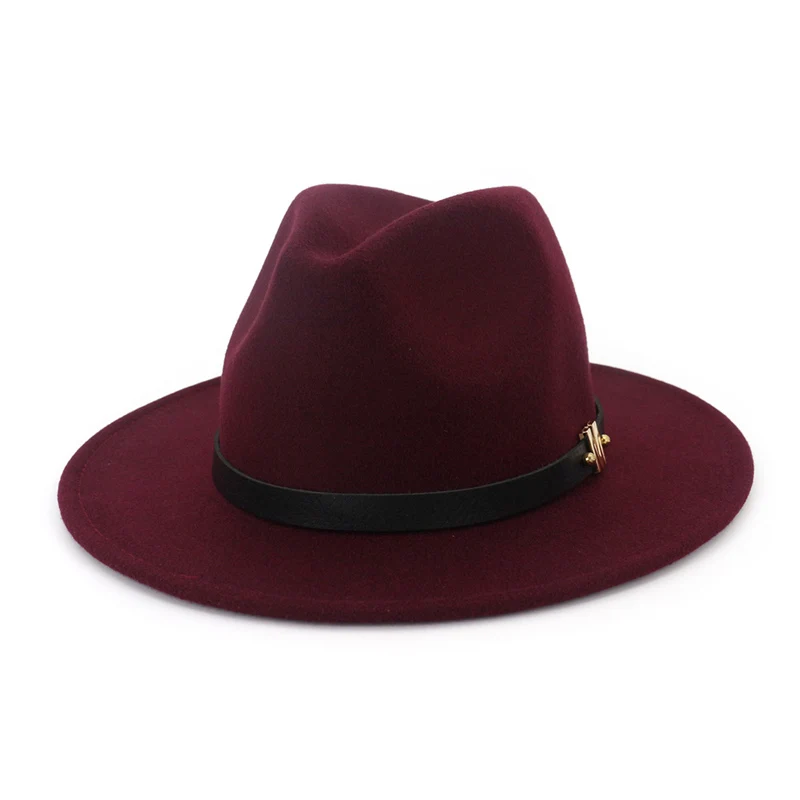 burgundy Осень-зима широкий плоский Brim Wool Fedora Шапки с поясом Европейский США Мода Джаз Формальные Top Hat вводная черный Кепки для для мужчин Для женщин - Цвет: burgundy