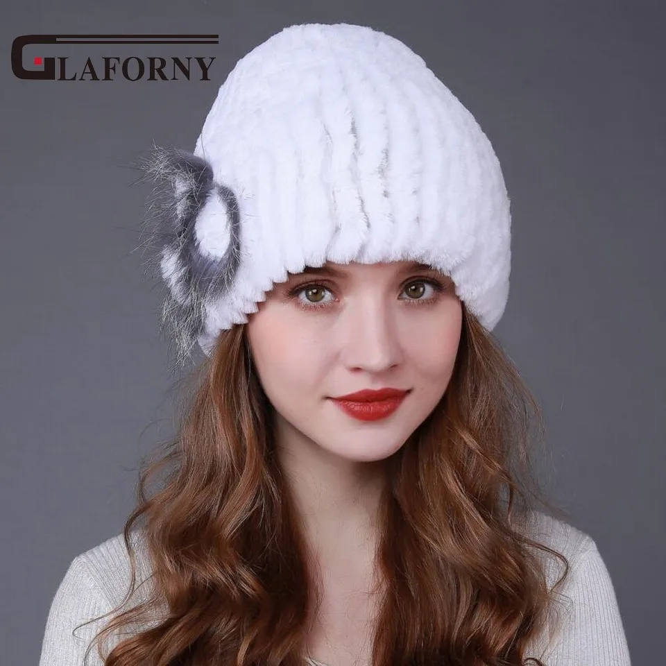 Женская вязаная шапка Glaforny меховая из натурального меха Рекс и кроличьего с