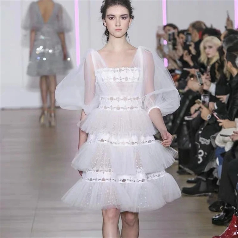 2019 Подиум платье женская сексуальная сетка с пышными рукавами Платье женское