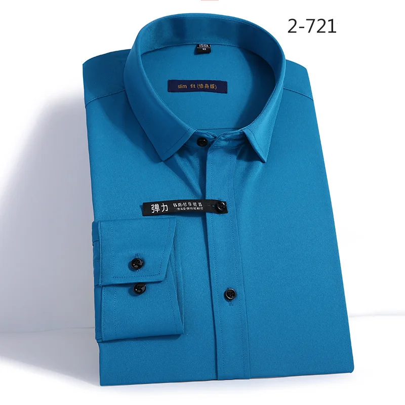 2-721 Blue Эластичное облегающее мужское платье, Повседневная рубашка с длинными рукавами, белая, черная, синяя, красная, мужская деловая рубашка, классический однотонный дизайн - Цвет: 2-721 Blue