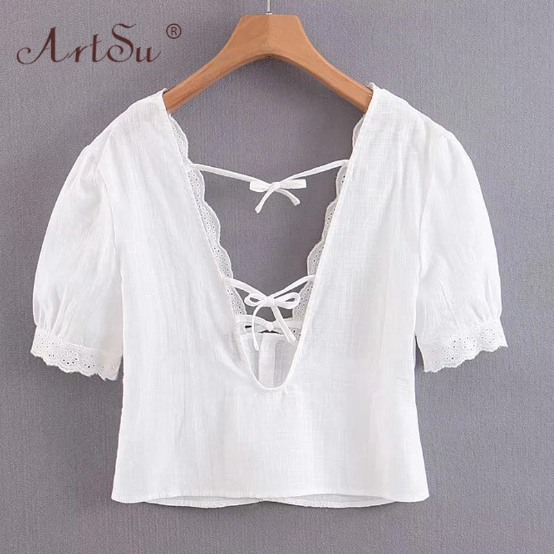 ArtSu Retro Boho Short Puff Sleeve Summer Lace Crochet Hollow Out Crop Top V-Neck Sexy Women White Shirt Backless Up Blouse | Женская