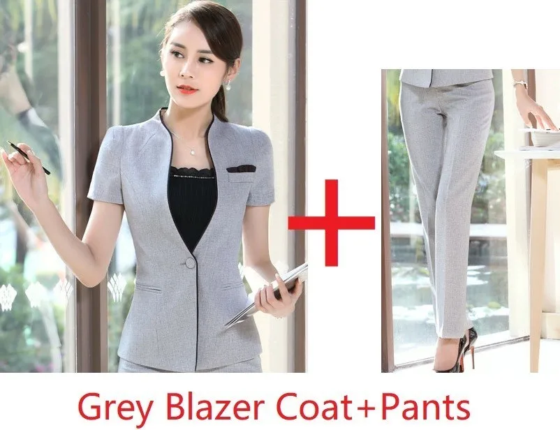 Grey Pantsuits Новинка, серый цвет, лето, формальный Профессиональный деловой женский костюм с пиджаком и штанами, Женская рабочая одежда, блейзеры, OL стили - Цвет: Grey Pantsuits