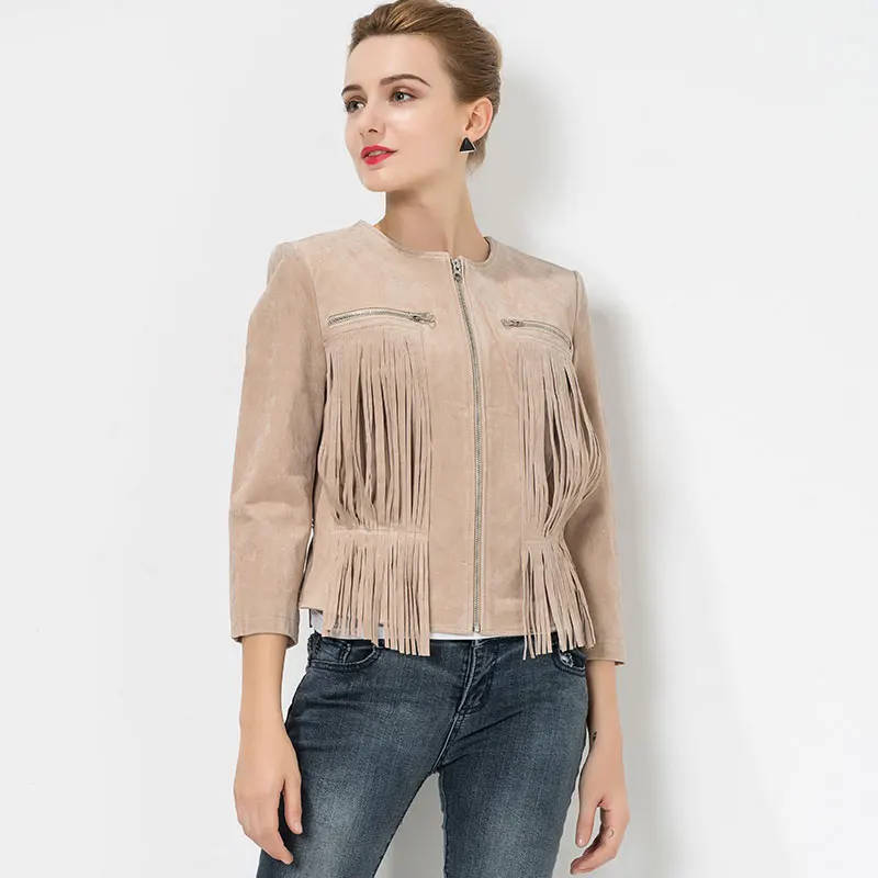 S-4XL, женская джинсовая куртка из свиной кожи, куртка из натуральной кожи, мотоциклетная куртка с кисточками, приталенная мотоциклетная куртка из натуральной кожи - Цвет: Camel