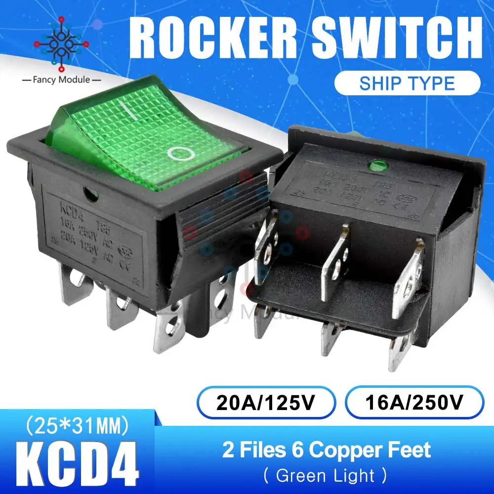 Green KCD4, 125 В, 25*31 мм, 2 файла, 6 контактов, кулисный переключатель, выключатель питания, сенсорный выключатель, тип корабля, светильник, 16A, 250 В, 30A, 125 В - Color: Green