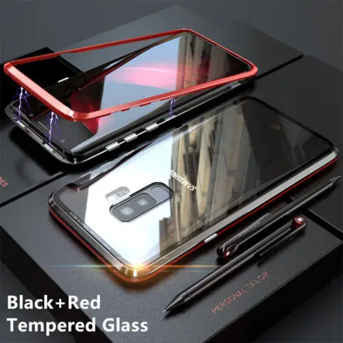 Black Red Магнитная адсорбции чехол для телефона для samsung Galaxy S8 S9 плюс Примечание 9 8 закаленное Стекло задняя крышка металлическая флип случаях 2cn поколения - Цвет: Black Red