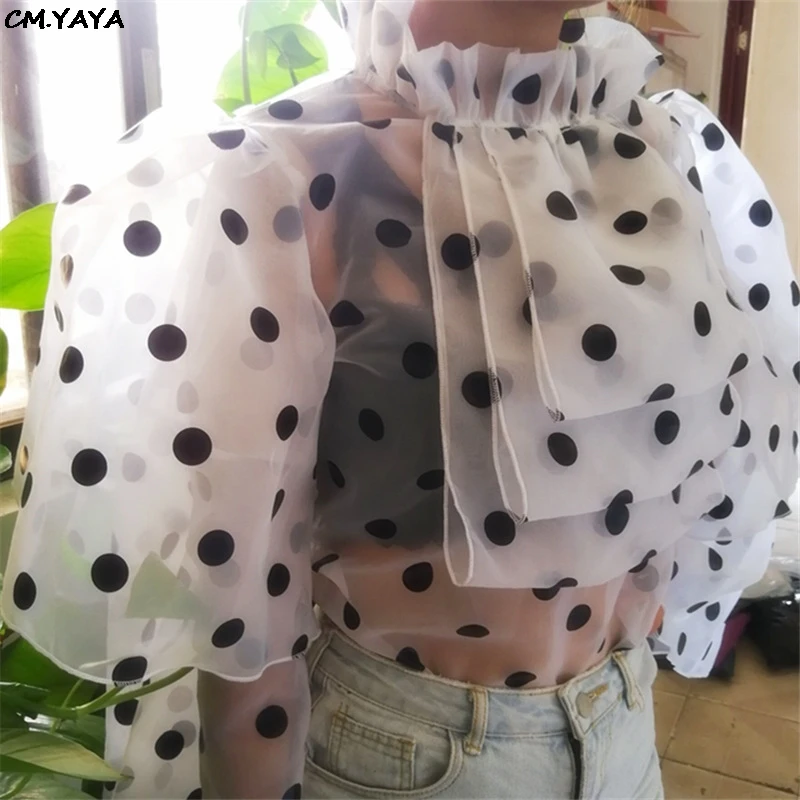 2019 new women summer dot print ruffles cascading flare sleeve transparent blouses &amp shirts top streetwear shirt GL15030 | Женская