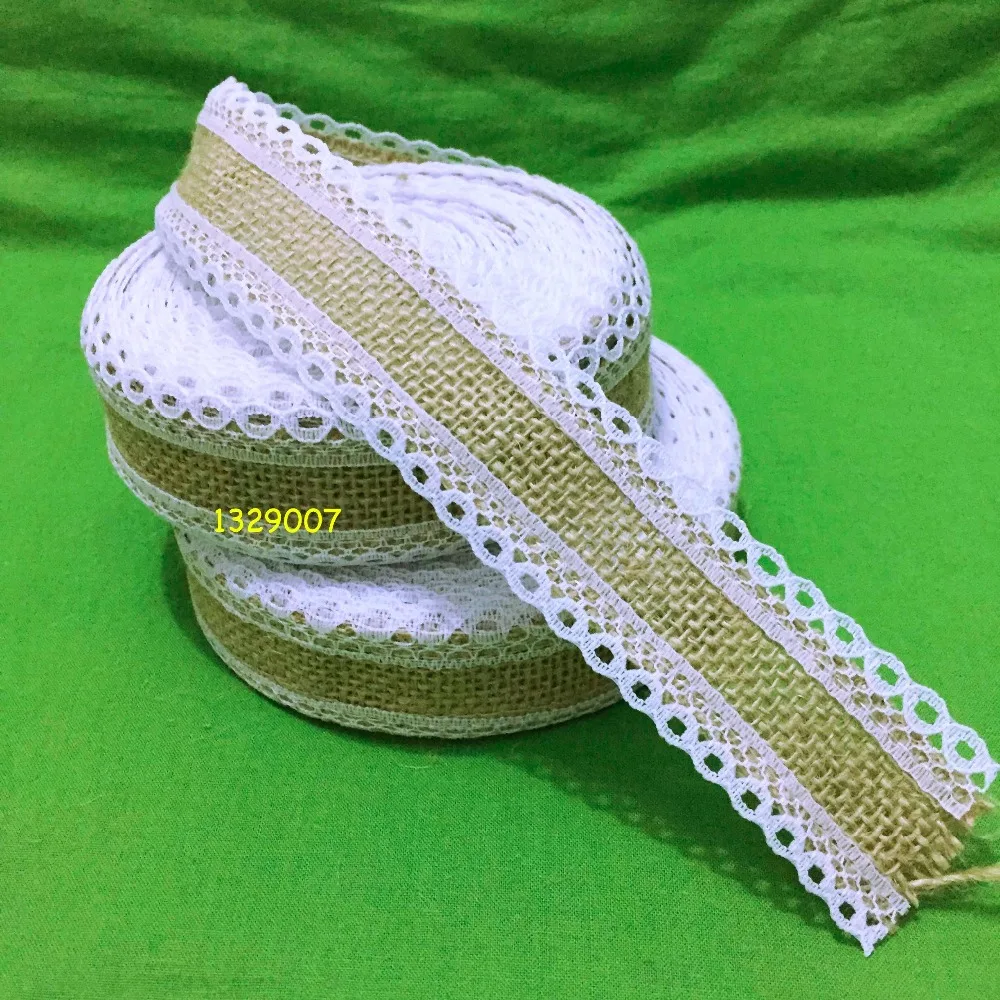 20 м натурального джута Барлеп Гессе ленты с белыми Кружево отделка края