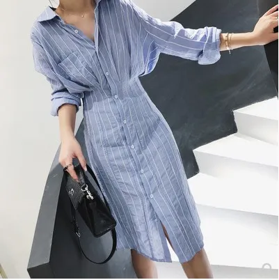 Женское Офисная Рабочая Рубашка миди в полоску синее платье-миди с длинным