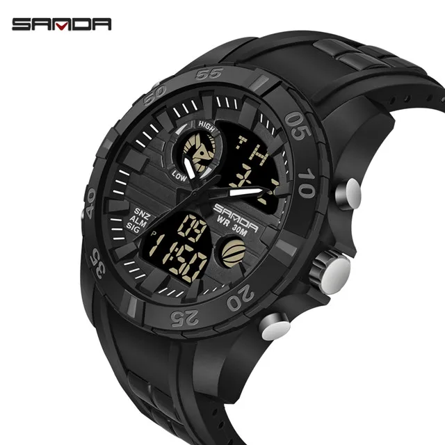 full black SANDA, новинка, S Shock, мужские спортивные часы, большой циферблат, кварцевые, цифровые часы для мужчин, люксовый бренд, светодиодный, военные, водонепроницаемые, мужские наручные часы - Цвет: full black
