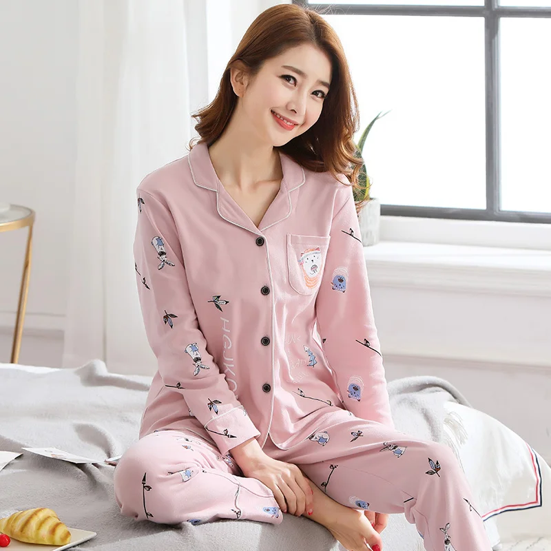 Женская пижама из 100% хлопка с длинным рукавом пижамный комплект длинными брюками