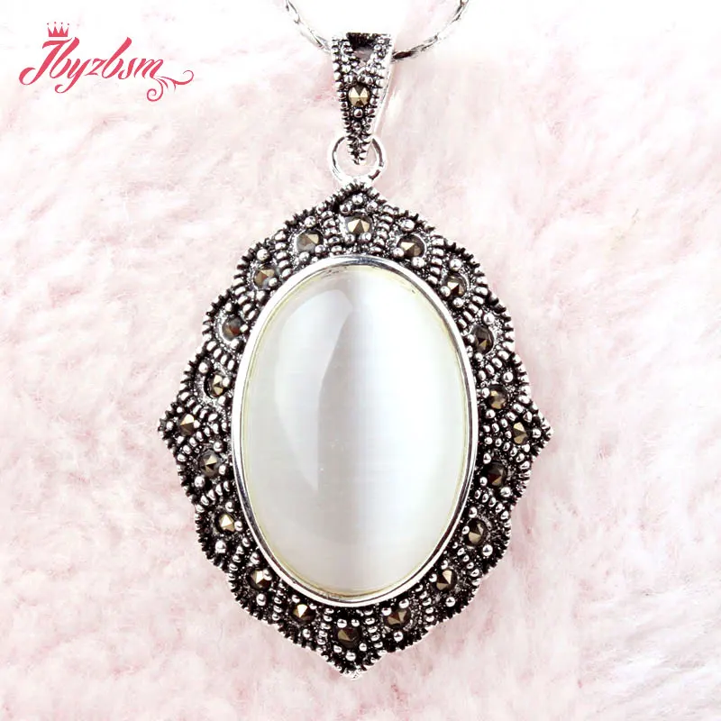 Овальный белый камень кошачий глаз марказит тибетское серебряное модное