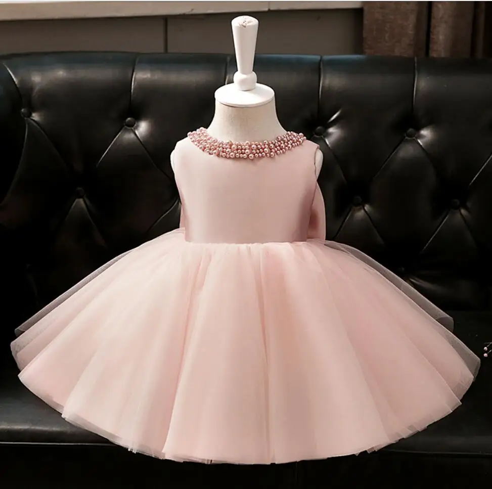 

Newborn Baby Girls Baptism Dresses for 1 Year 1st Birthday Beaded Pink Tulle New Born Princess Christening Gown Infants Outfit