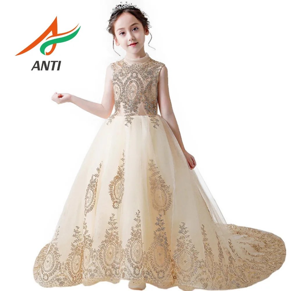 

ANTI Champagne Flower Girl Dresses with High Neck Appliques Custom Ball Gown First Communion Dresses for Girls Elegant Hot Sale
