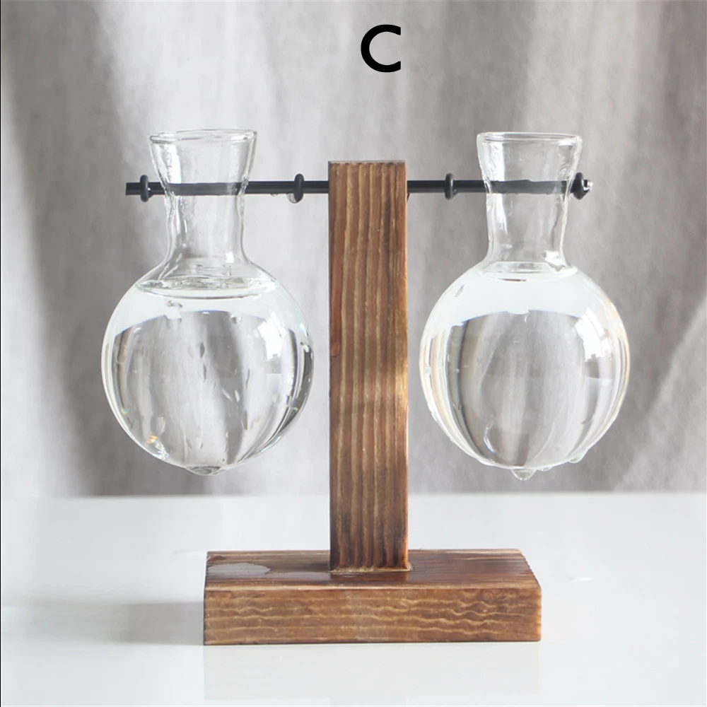 Glass and Wood Vase Planter Terrarium Table Desktop Hydroponics Plant Bonsai Flower Pot Hanging Pots with Wooden Tray Home Decor | Дом и сад
