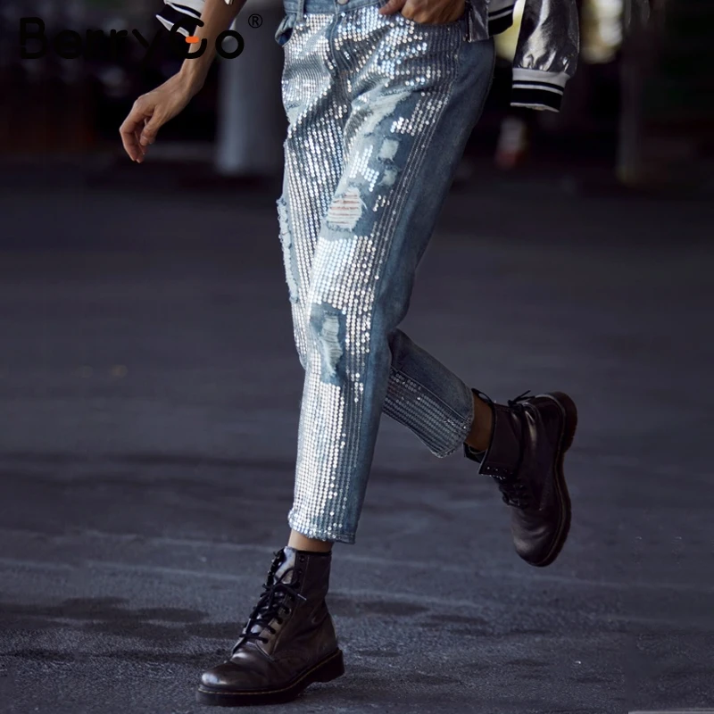 Брюки BerryGo женские с блестками и дырками|Брюки| |