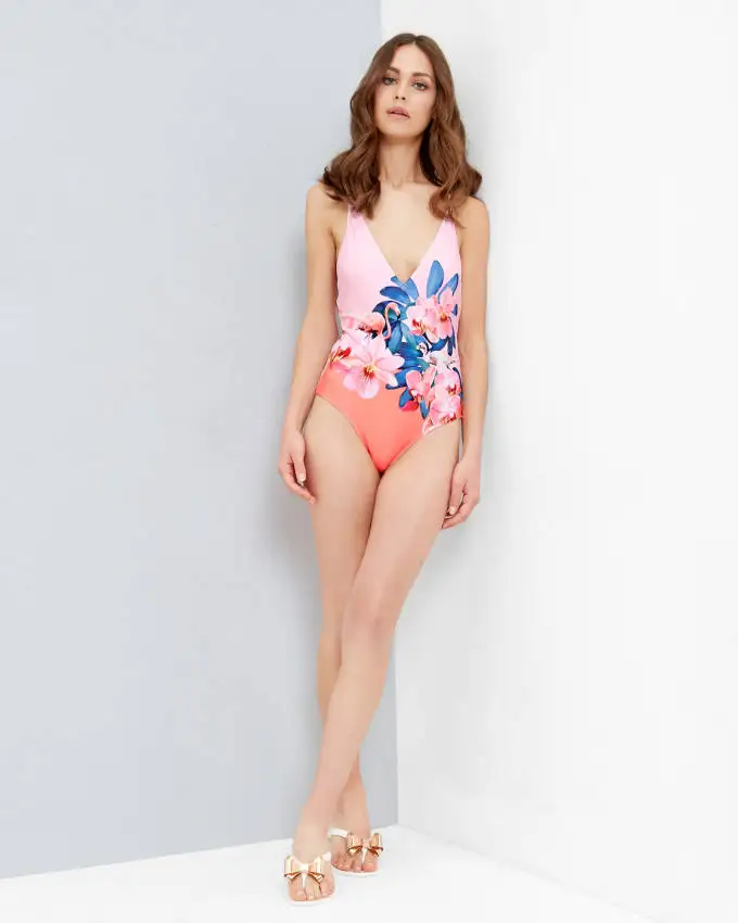 Sexy Deep V Print Swimwear Women One Piece Swimsuit Low Cut Bathing Suit Strappy Halter Beach Backless Monokini | Спорт и