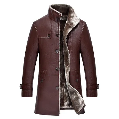 Faux Leather Jacket Men Autumn Winter Mens Fake Sheepskin Coat Thick Warm Short Overcoat Plus Size Chaqueta Cuero Hombre T1031 - Цвет: Red brown