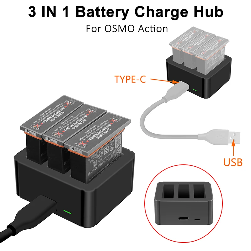 

3 in 1 OSMO ACTION Battery Charger Hub TYPE-C Input 4.35V Lithium Charging Kit for DJI OSMO ACTION Accessories Battery