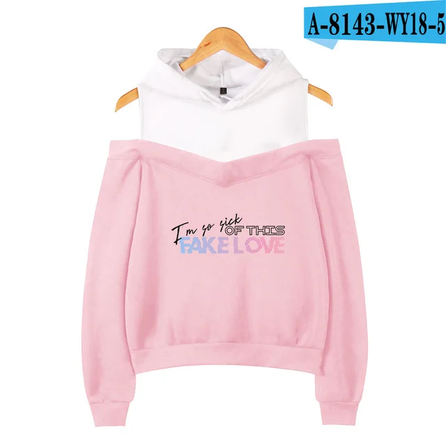 LJ-pink Bangtan мальчики Fake Love толстовки Kpop толстовка женская Мода Популярные с открытыми плечами толстовка спортивный костюм женская уличная одежда пуловеры - Цвет: LJ-pink