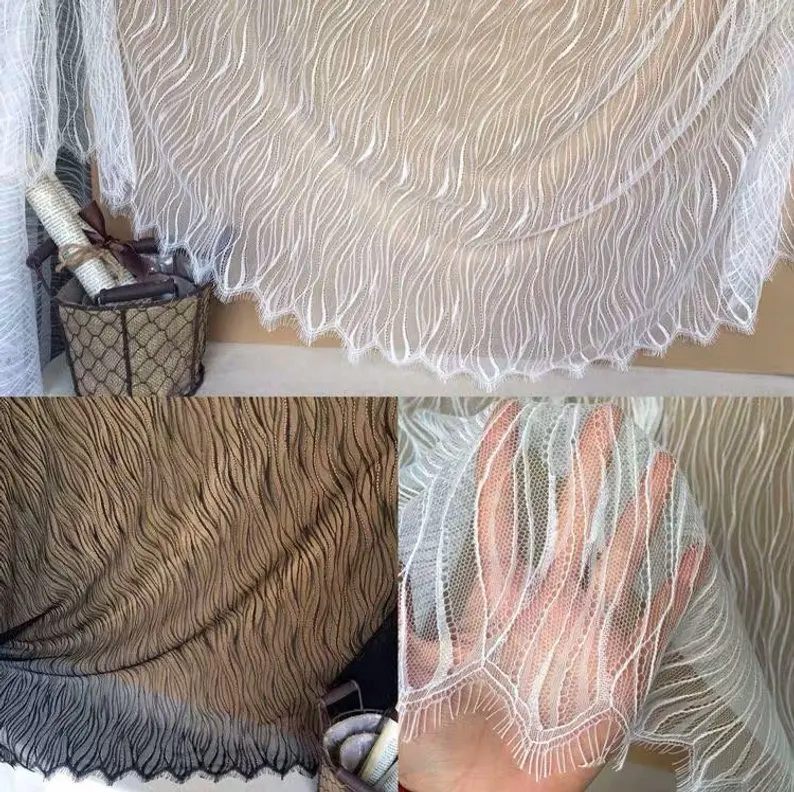 

3 yards Off white/black Chantilly Lace Fabric Wave Pattern Bridal Retro Wedding Lace Fabric With Eyelash Scalloped Borders