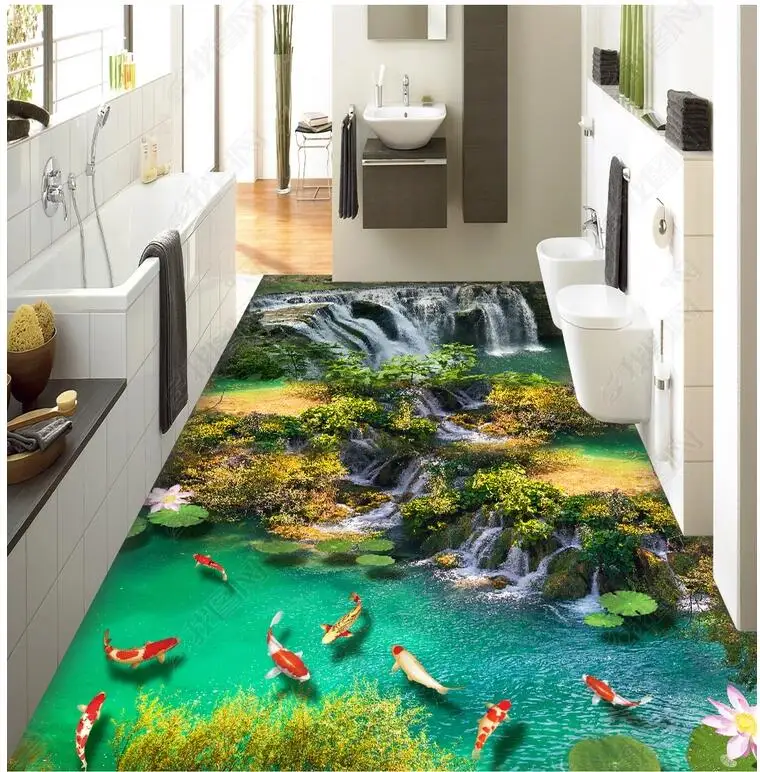 

Custom photo 3d flooring pvc self adhesive floor Mountain waterfall lotus squid home decor living room wallpaper for walls 3 d