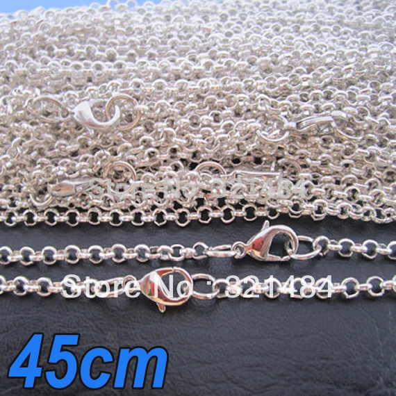 100pcs 2mm 45cm Bright Silver Plated Rolo chain necklace with lobster clasp DIY jewelry link connector findings accessories