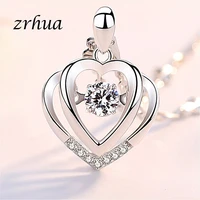 zrhua wholesales jewelry silver color necklace double heart pendant cubic zirconia 18 chain women girl christmas gifts
