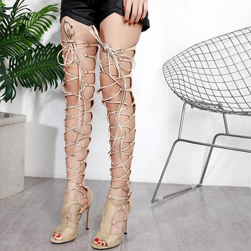 Женские сапоги выше колена с открытым носком на высоком каблуке-шпильке модные