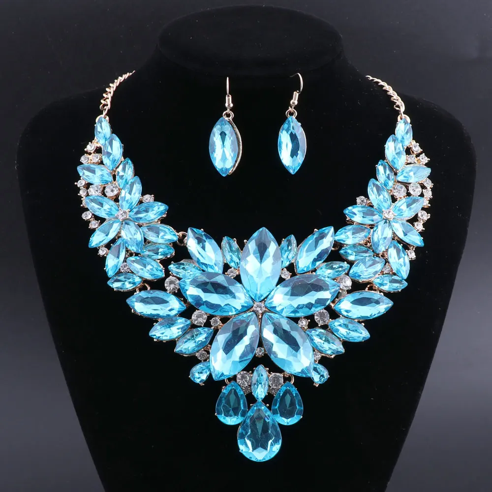 

OEOEOS Elegant Floral Bridal Jewelry Sets for Women Blue Crystal Engagement Necklace Earrings Sets Wedding Jewelry