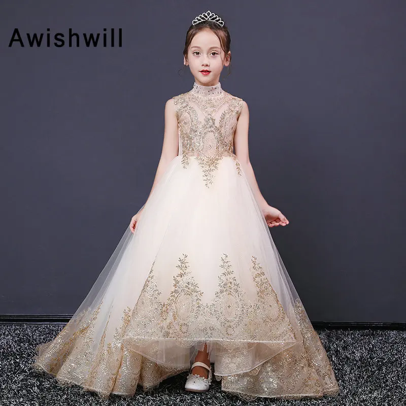 New Arrival 2020 Flower Girl Dresses High Neck Gold Lace Pagenat Dress Sleeveless Ball Gown Kids Party | Свадьбы и торжества