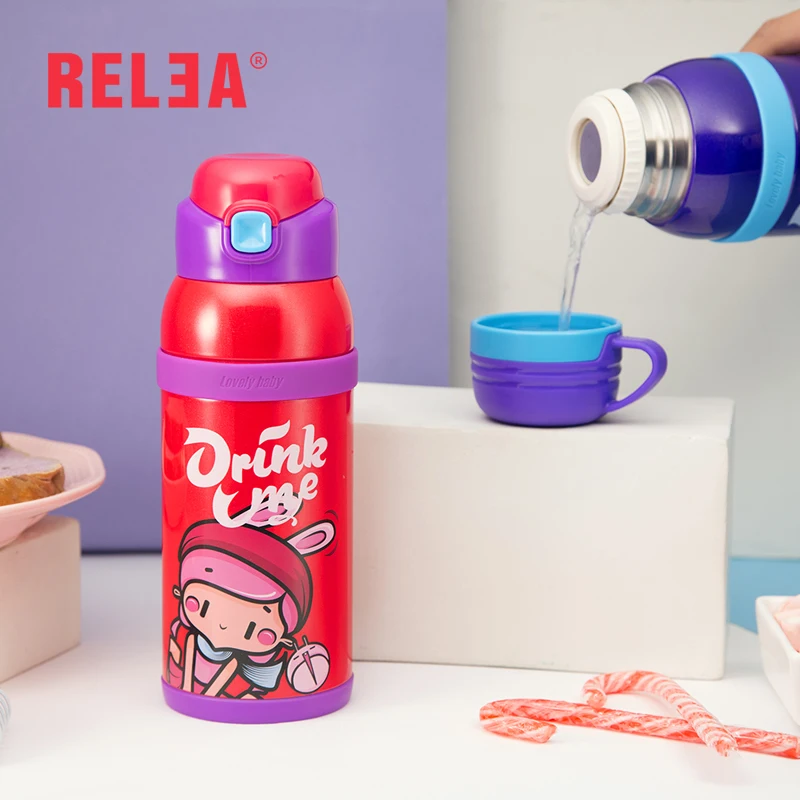 Фото RELEA kids thermo straw bottle 316 stainless steel vacuum cup with 2 kinds of lid and portable cover 520ml Дом и сад RELEA kids thermo straw bottle 316 stainless steel vacuum cup with 2 kinds of lid and portable cover 520ml Дом и сад
