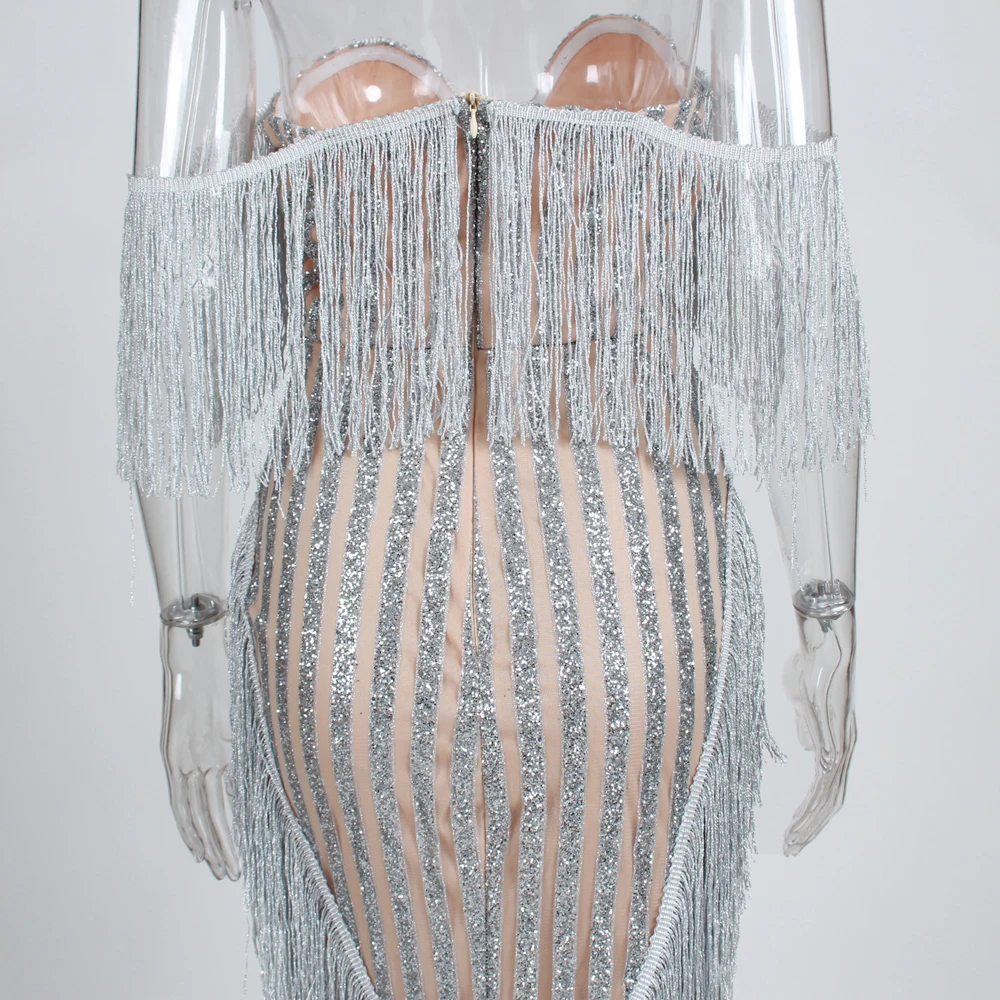 сексуальные платье с бахромой в полоскуБлестящее без бретелек плеча макси для