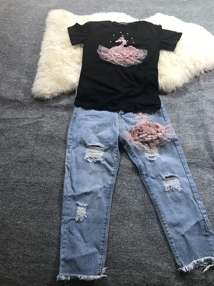 Amolapha женская футболка ручной работы с 3D рисунком лебедей и джинсы до середины