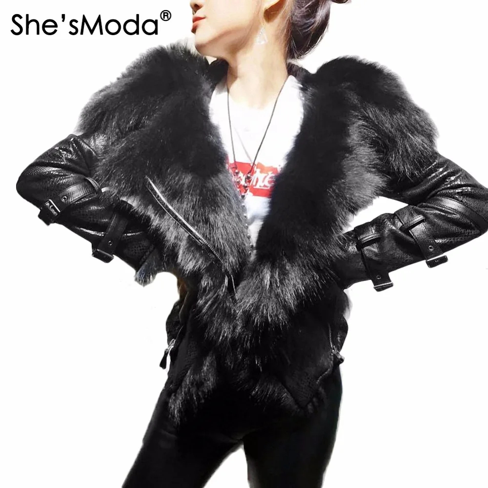 She'sModa, натуральный Зимний натуральный Лисий мех, флисовая тонкая женская толстовка на молнии, мотоциклетная куртка, куртка размера плюс