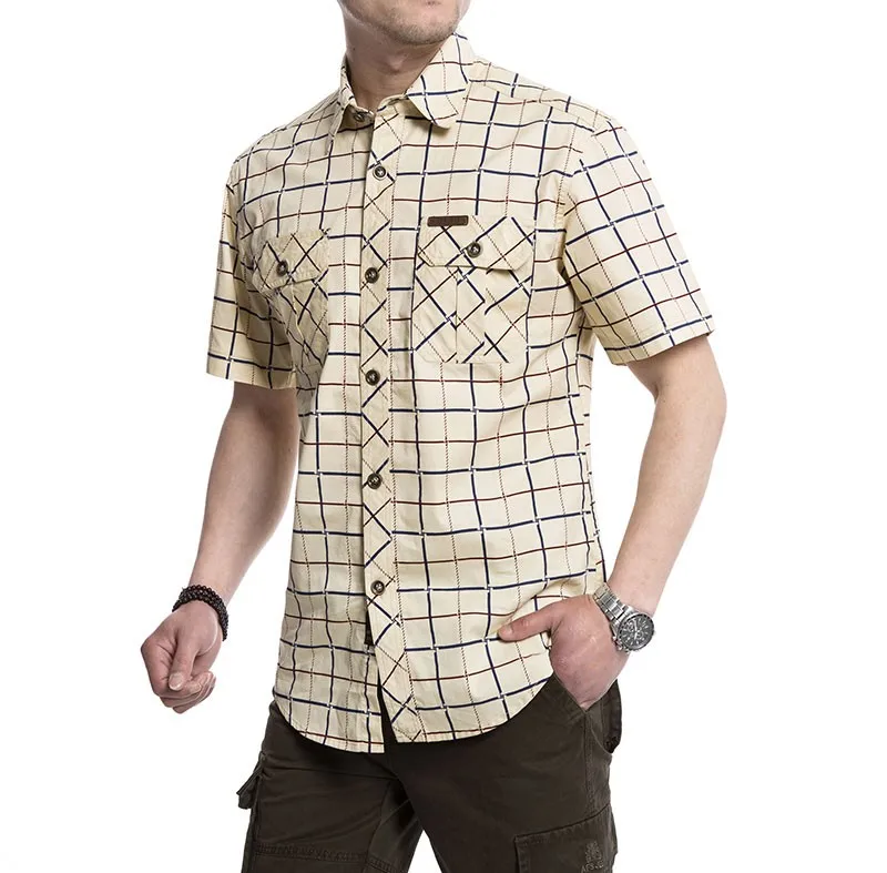 Размера плюс M~ 4XL 5XLSummer Для Мужчин's хлопковые рубашки в клетку синяя однотонная Цвет платье короткий рукав рубашки Повседневное человек брендовая одежда