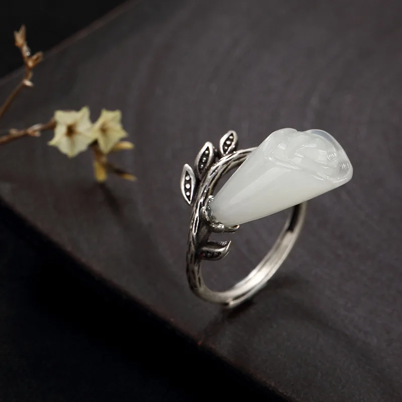 

2018 100% Pure 925 Sterling Silver Ring For Women Inlay Natural Jade,Vintage Elegant Fine Jewelry For Wholesale