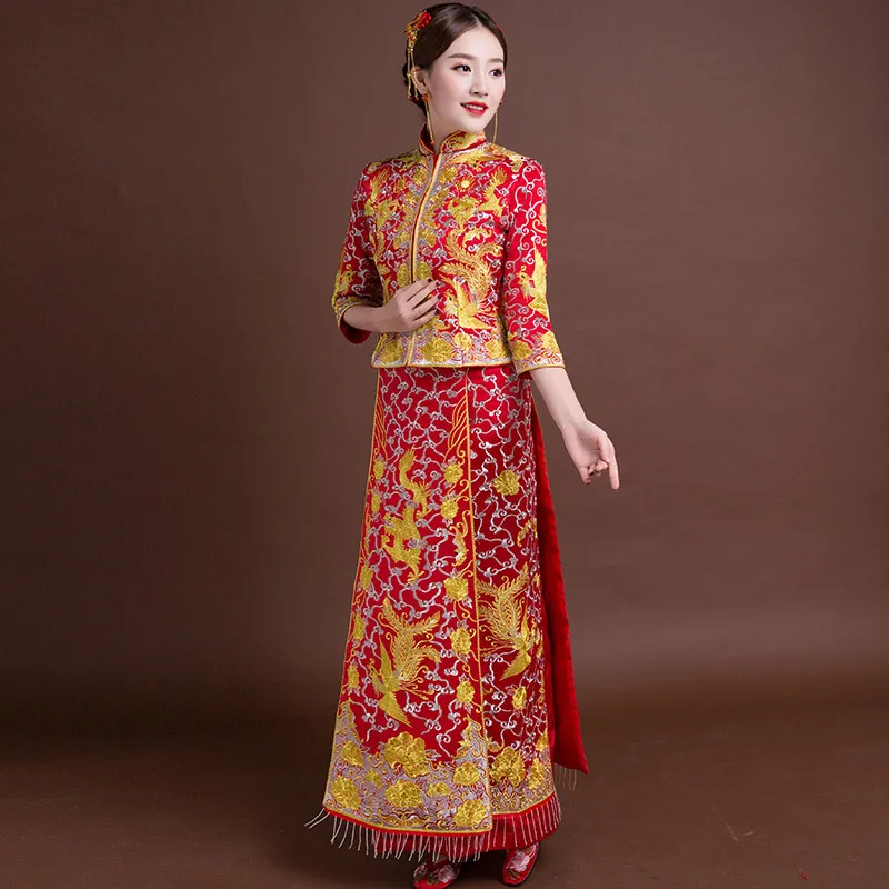 Женское традиционное свадебное платье Qipao красное китайское с вышивкой в стиле