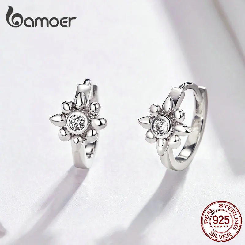 BAMOER, Настоящее серебро, мини-серьги-кольца для женщин, 925 пробы, серебро, Подсолнух, маленькие серьги-обручи, хорошее ювелирное изделие, новинка, BSE082