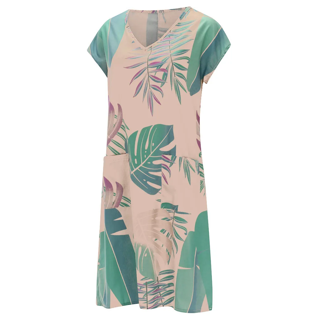FREE OSTRICH Dress Women Leaf Pattern Pocket Large Size Short Sleeve Knee-Length Current Elegant Graceful Short Dress Summer