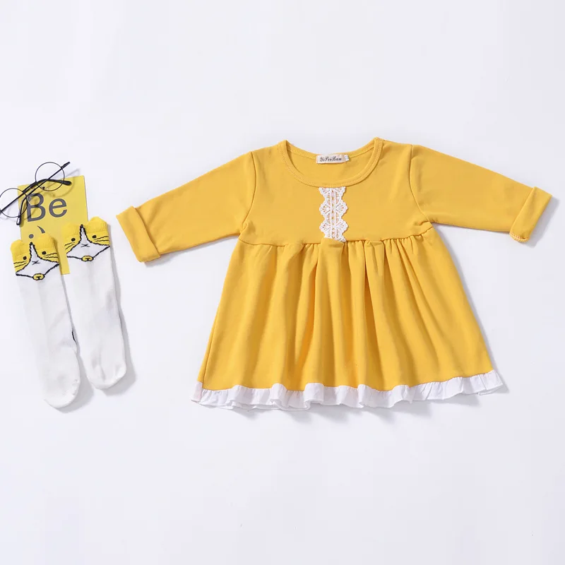 Toddler Dresses For Girls Lace Patchwork Long Sleeved Princess Sundress Baby Yellow Clothing Autumn Birthday Party 1-4Yrs | Детская - Фото №1