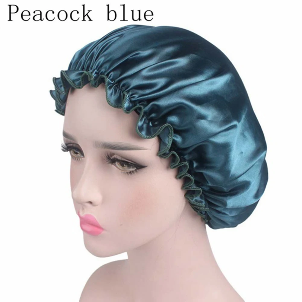 Peacock Blue Эластичная атласная ночная шапочка для сна, кружевная широкополая одноцветная шляпа, химиотерапия, уход за волосами шапочка, шапочка, ночная шапка для женщин - Цвет: Peacock Blue