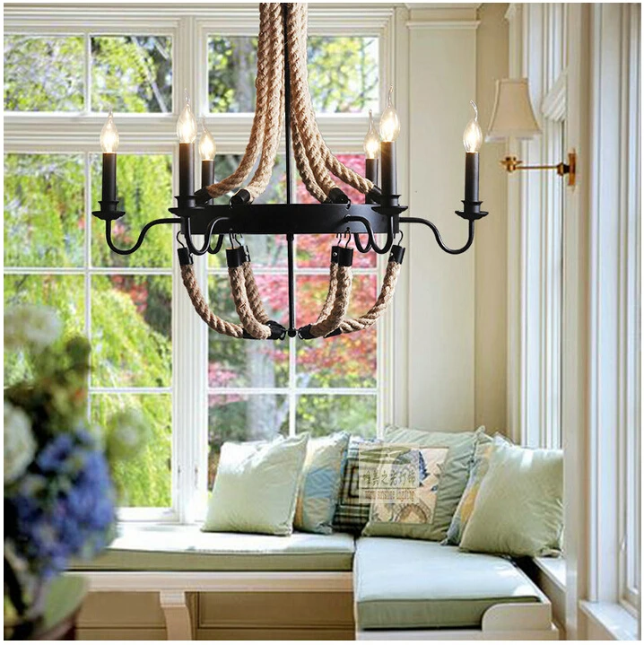 Винтажный кантри чердак пеньковая веревка железа 6/8 головок e27 подвесной