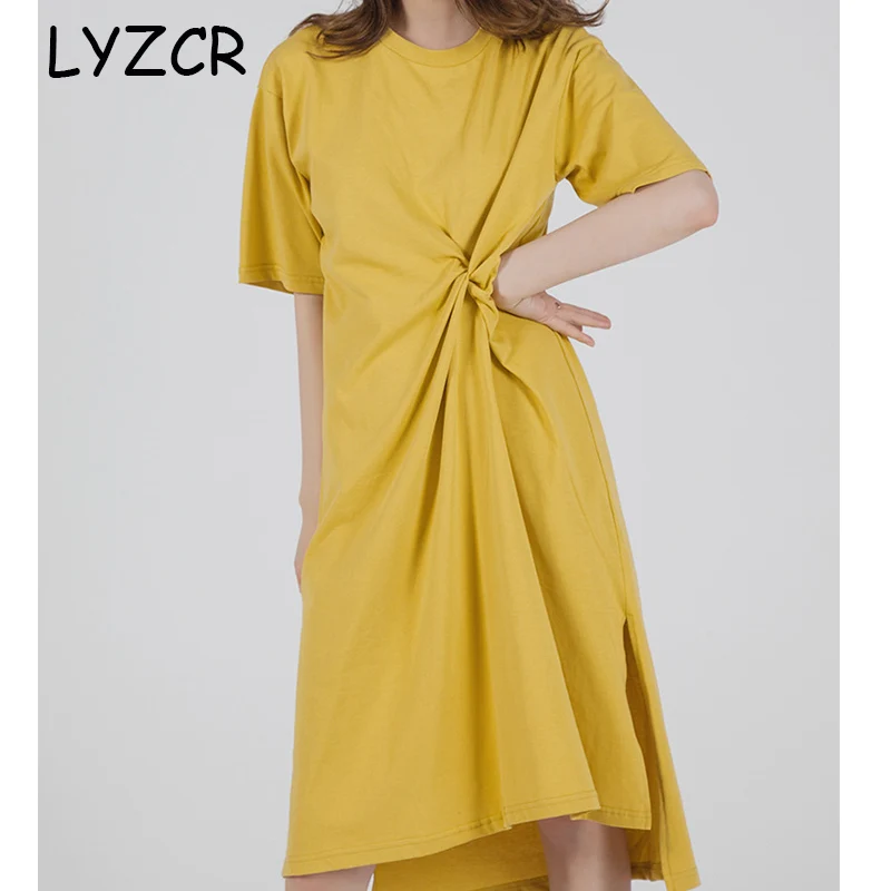 

Платье женское длинное хлопковое в стиле оверсайз, элегантная повседневная одежда свободного покроя, желтая футболка, лето размера плюс